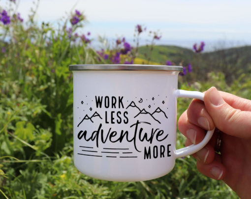 work less adventure more enamel camp mug